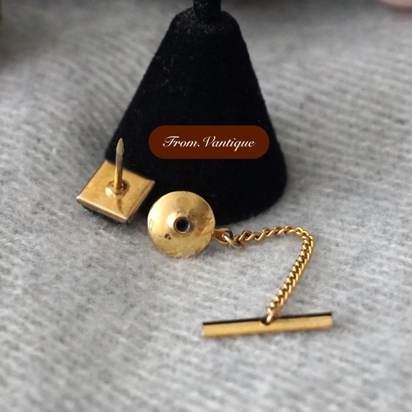 👔 VINTAGE Men Suit Square Green Gem Golden Tie Clip with Chain 🔗 - Picture 5 of 6